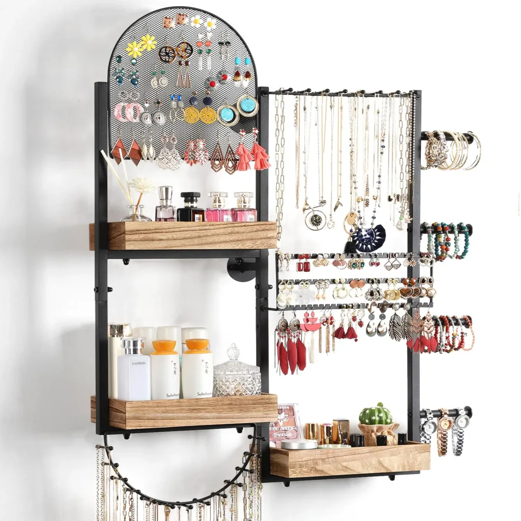 Wall-mounted jewelry organizer with necklaces