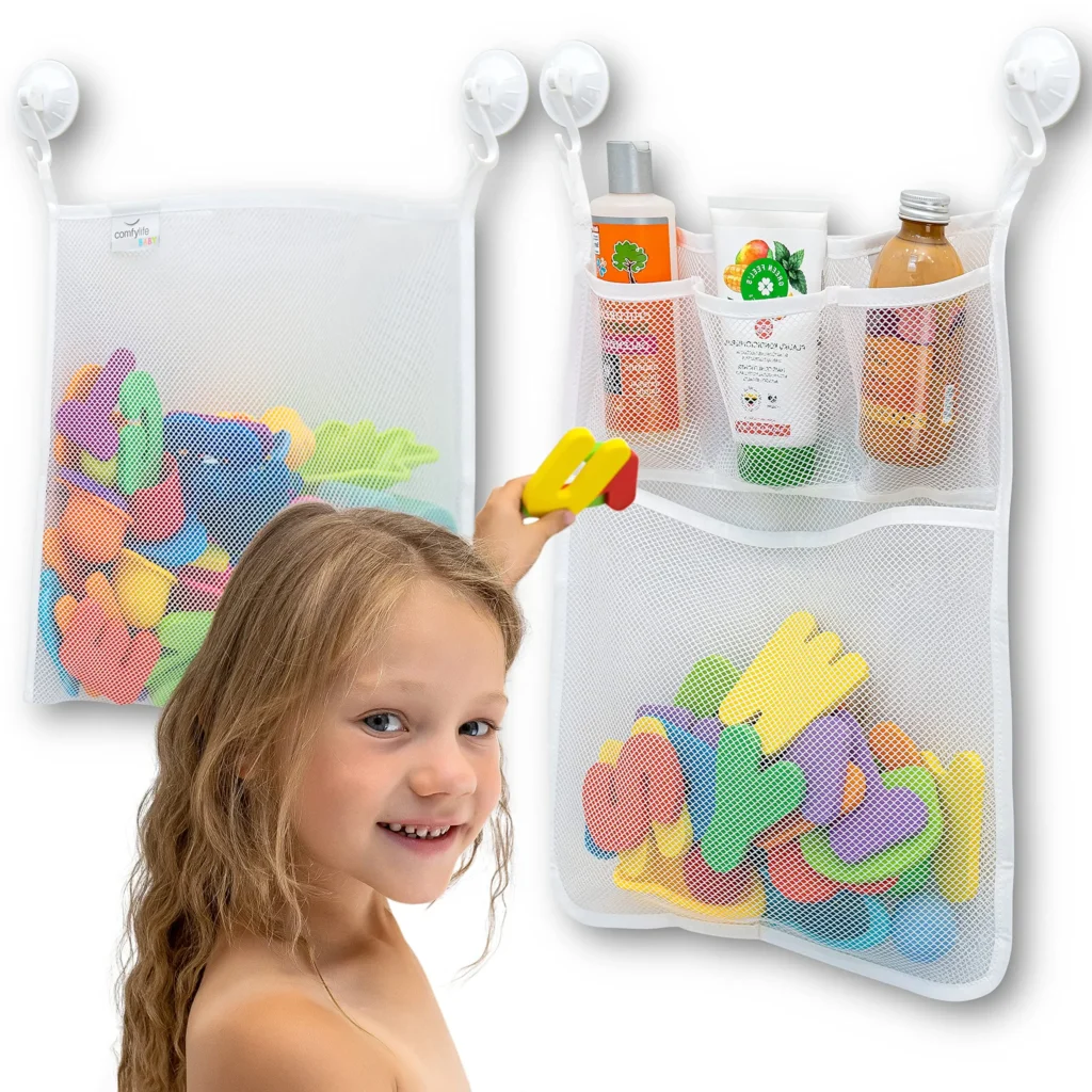 hild putting bath toys into wall-hanging bathroom toy storage organizer