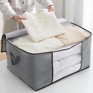 Blanket storage bag with zipper closure and clear window for easy identification