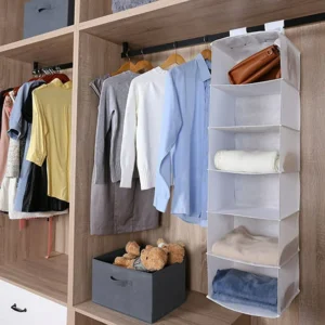 Closet featuring hanging shirt storage organizer