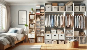 Closet with fabric storage boxes, laundry bags, and travel organizers made from durable fabrics