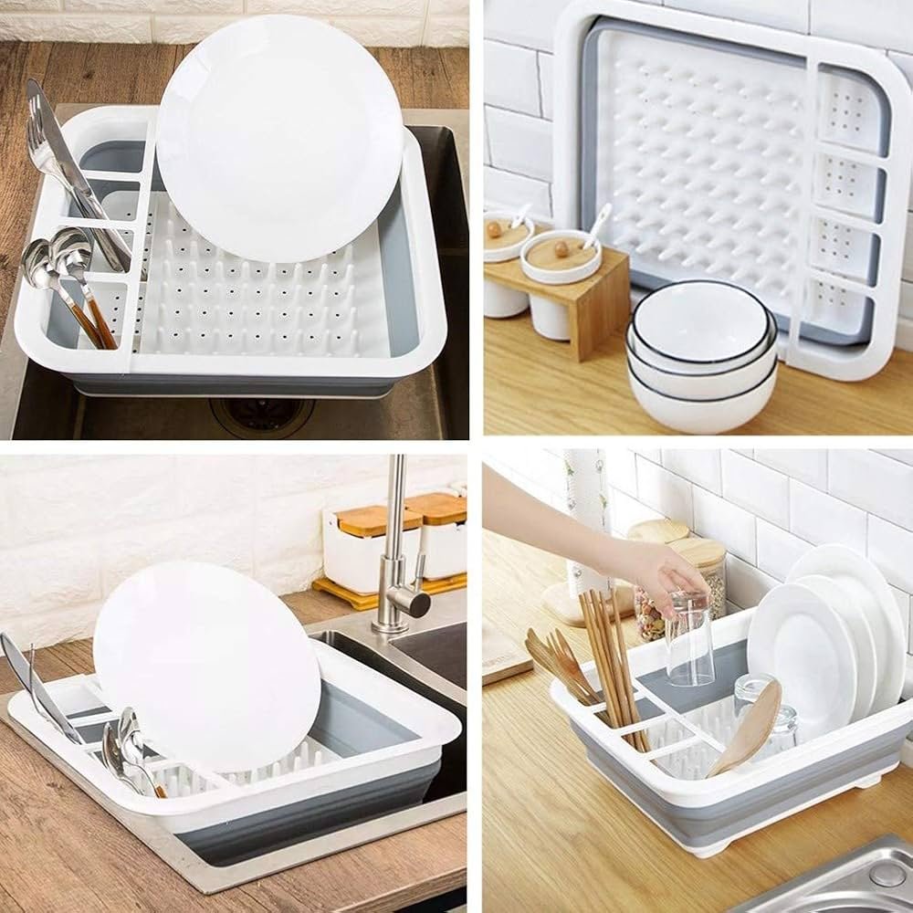 Collapsible dish drying rack folded flat for compact kitchen storage