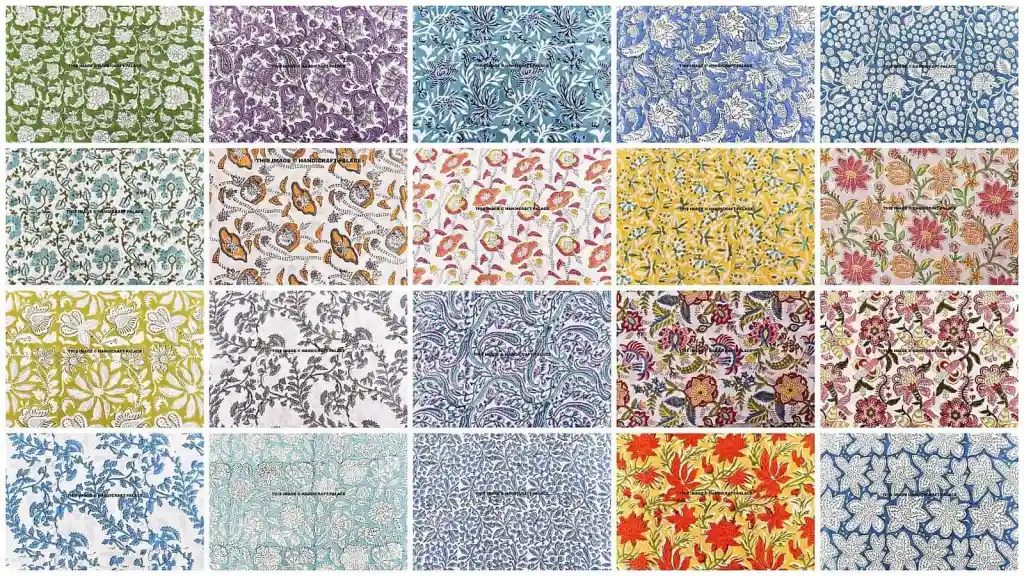 Different fabric printing patterns including floral, geometric, and abstract designs