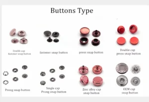 Different types of fabric snaps including metal, plastic, and sew-on varieties