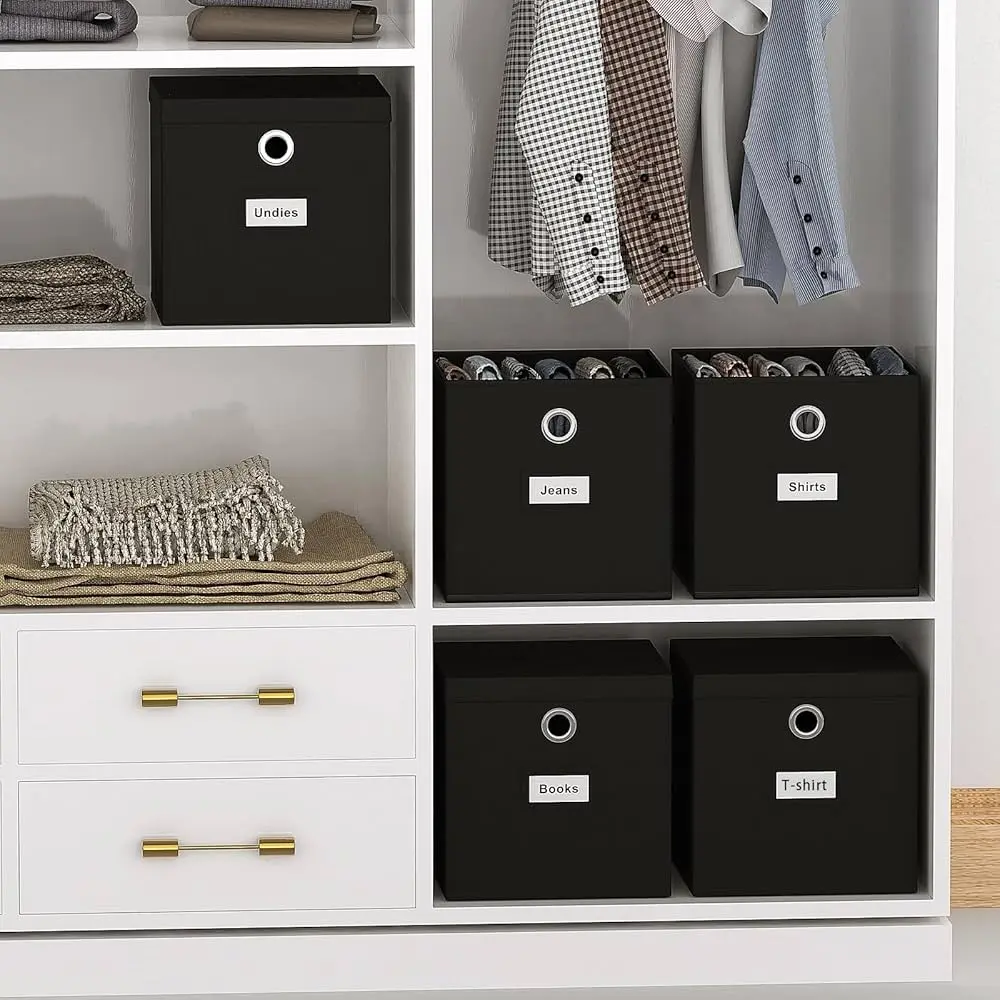 Poplin fabric storage boxes used for organizing clothes in closet