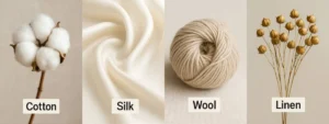 Swatches of natural fabrics including cotton, linen, silk, and wool