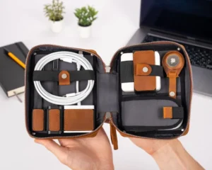 Travel organizer made with snap closure to secure small accessories