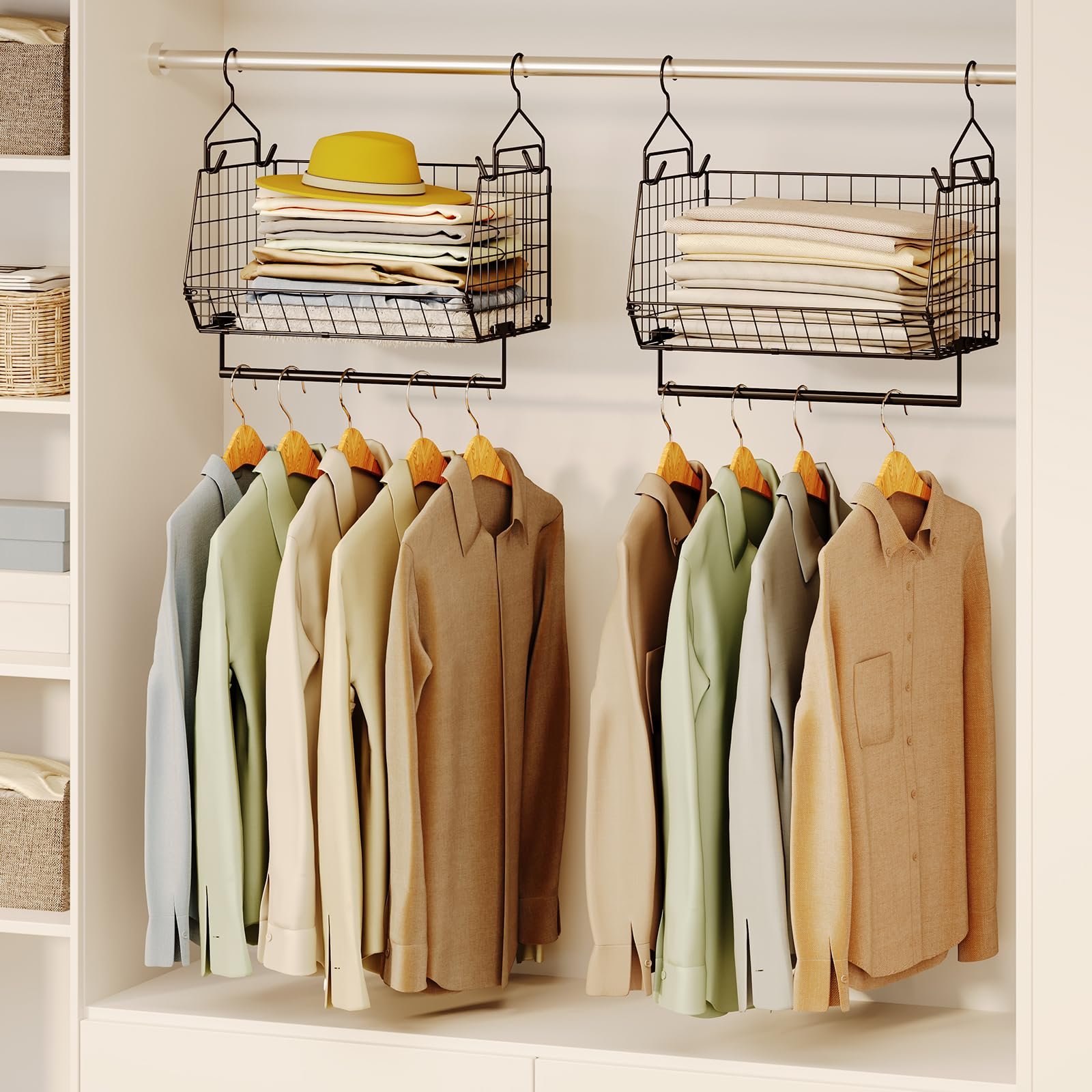 Various types of hanging shirt storage organizers for closet use